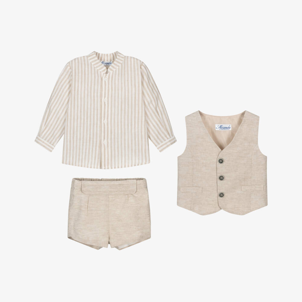 Miranda-Boys Beige Cotton & Linen Waistcoat Suit | Childrensalon