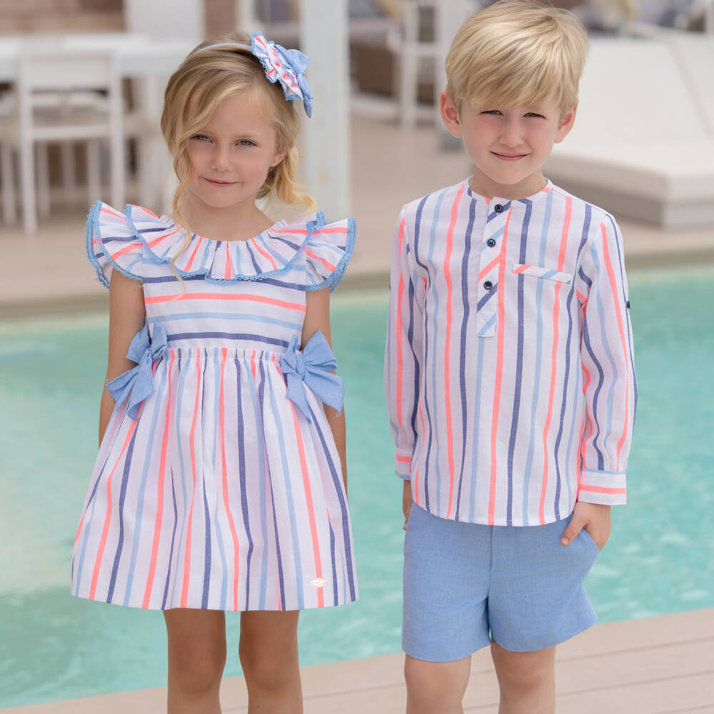 Miranda-Boys Blue & Pink Striped Shirt & Shorts Set | Childrensalon
