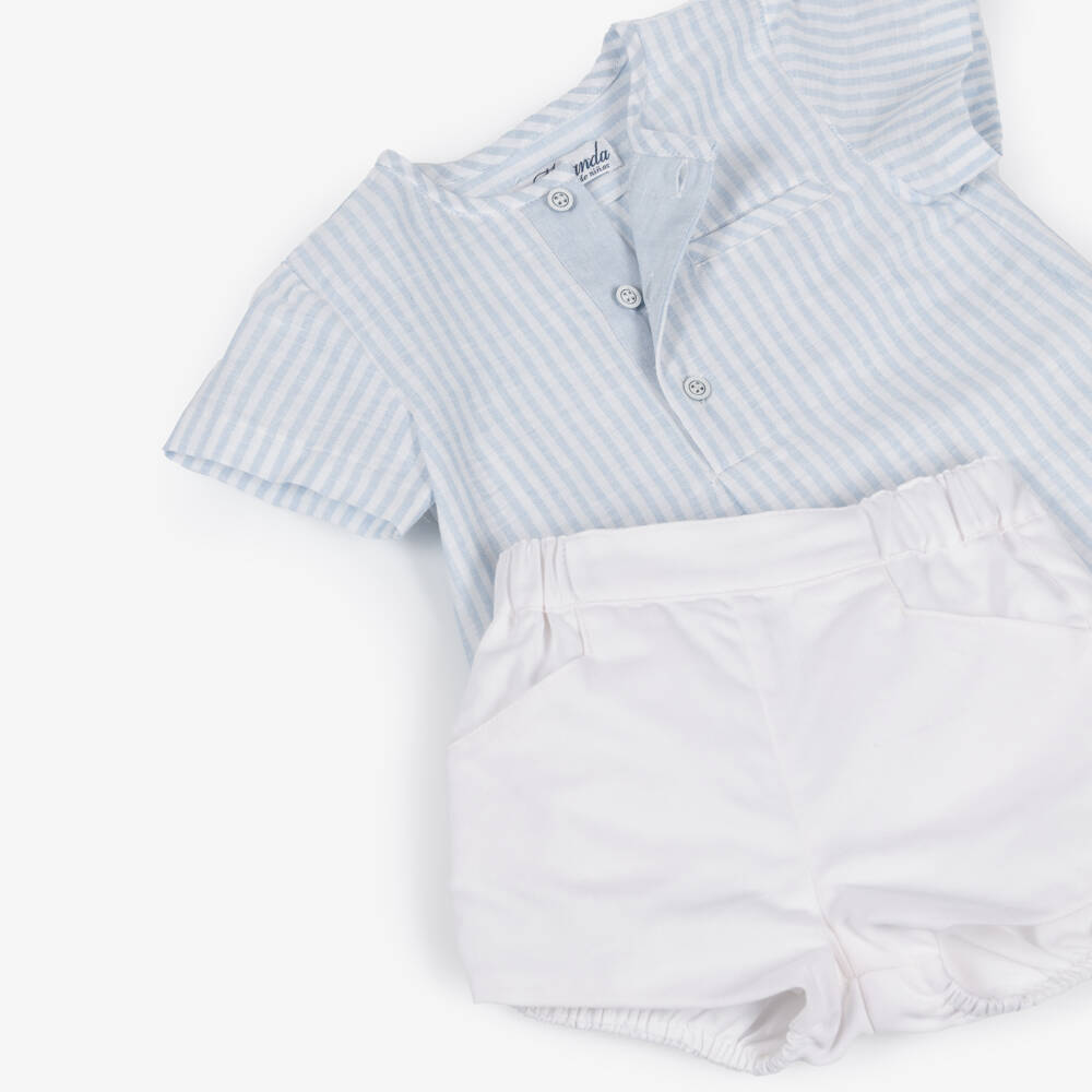 Miranda-Boys Blue Striped Shirt & White Shorts Set | Childrensalon