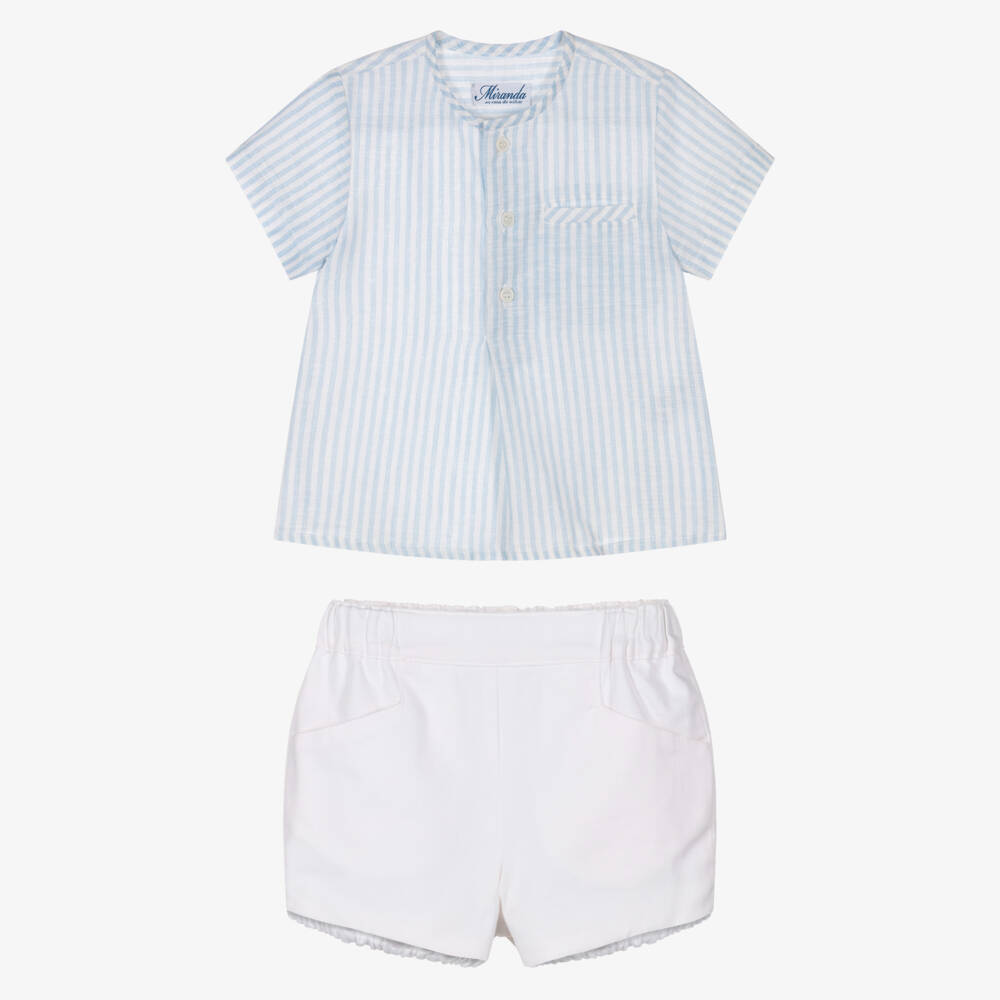 Miranda-Boys Blue Striped Shirt & White Shorts Set | Childrensalon
