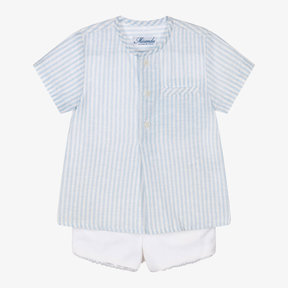 Miranda-Boys Blue Striped Shirt & White Shorts Set | Childrensalon