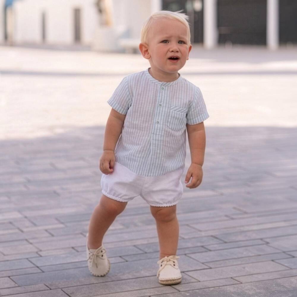 Miranda-Boys Blue Striped Shirt & White Shorts Set | Childrensalon