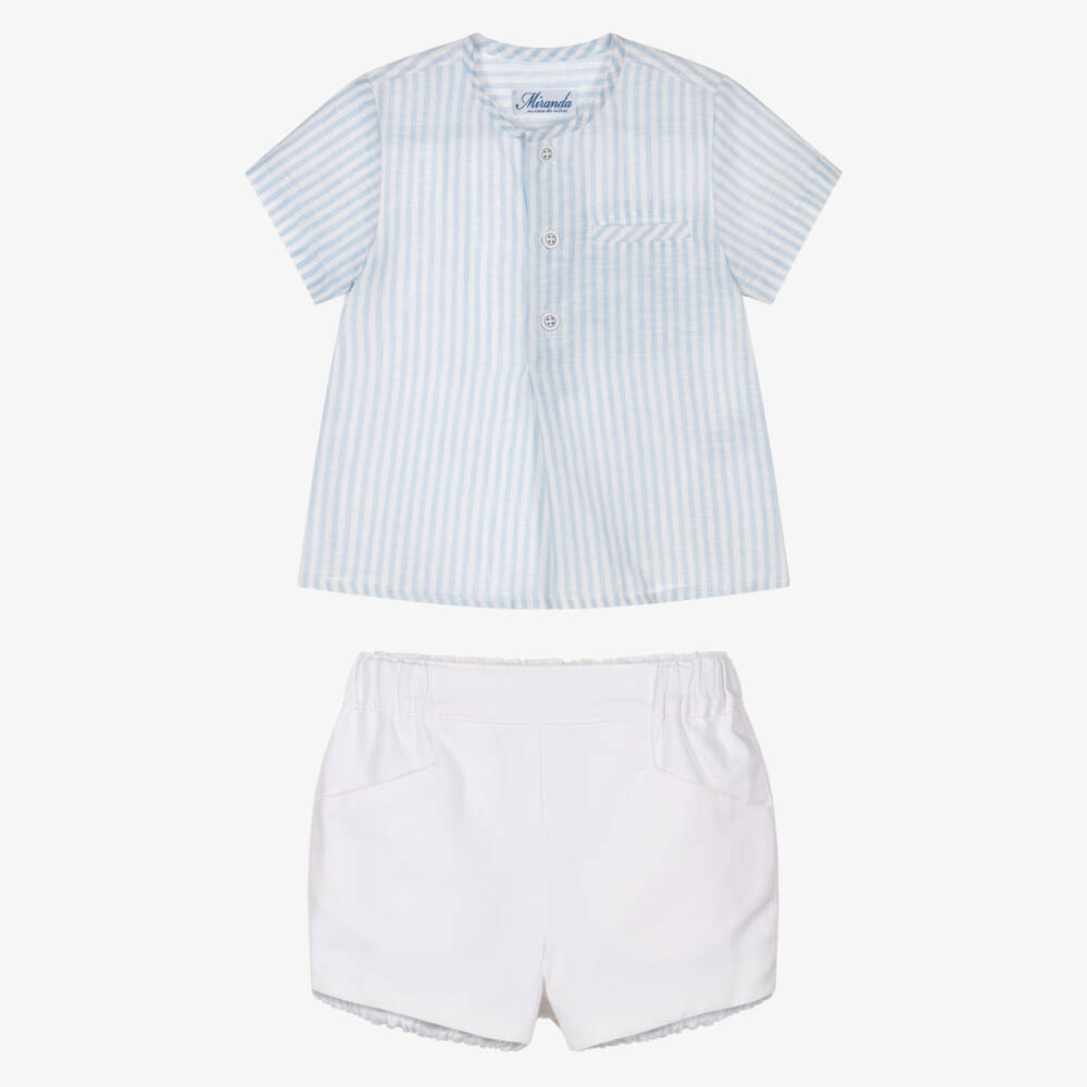 Miranda-Boys Blue Striped Shirt & White Shorts Set | Childrensalon