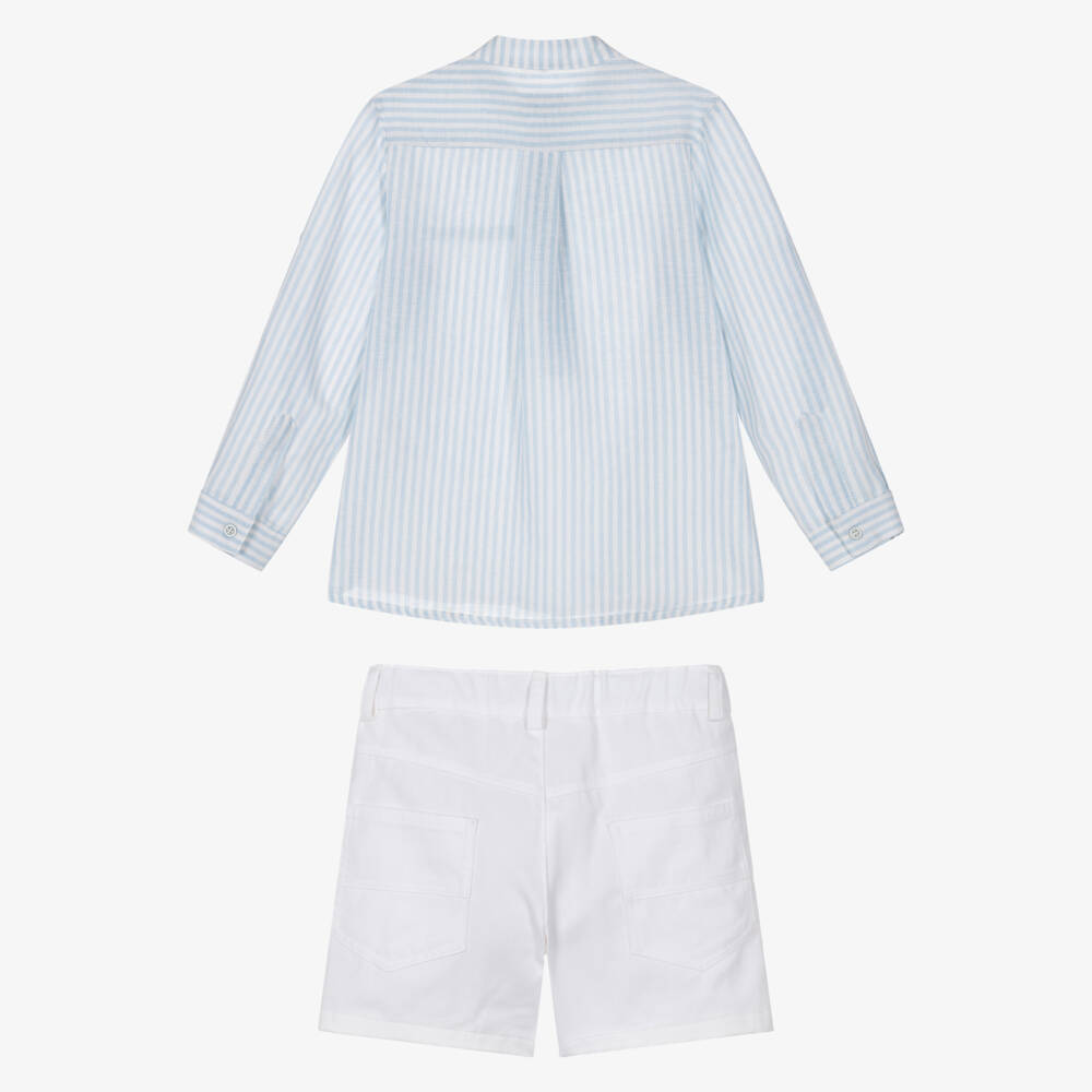 Miranda-Boys Blue & White Striped Shirt & Cotton Twill Shorts Set | Childrensalon