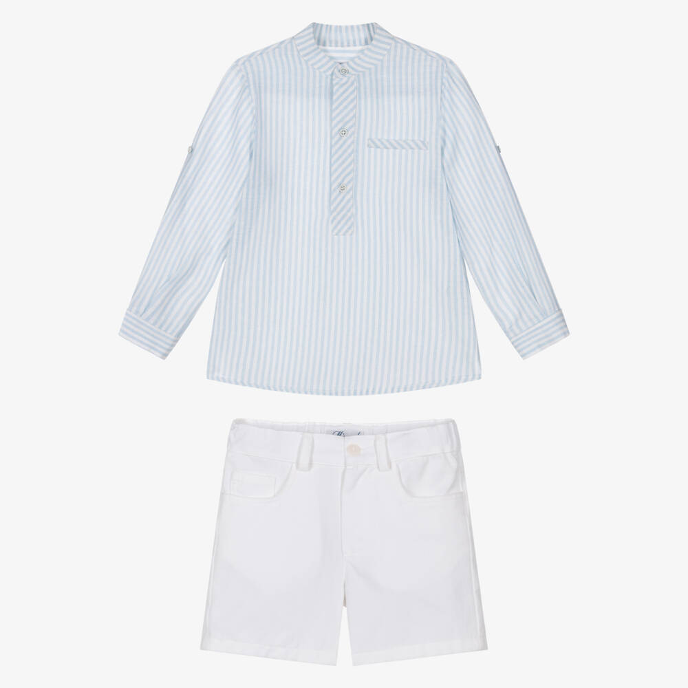 Miranda-Boys Blue & White Striped Shirt & Cotton Twill Shorts Set | Childrensalon
