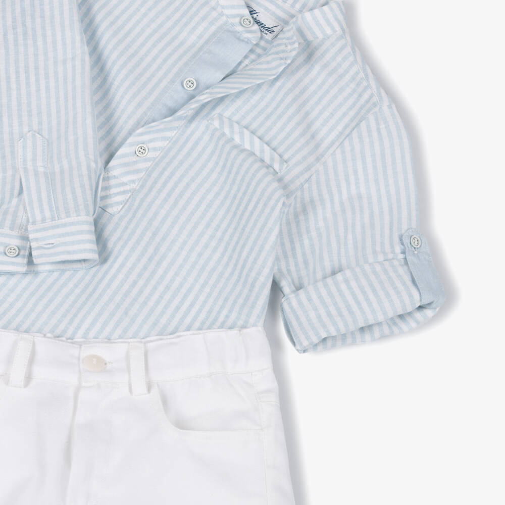 Miranda-Boys Blue & White Striped Shirt & Cotton Twill Shorts Set | Childrensalon