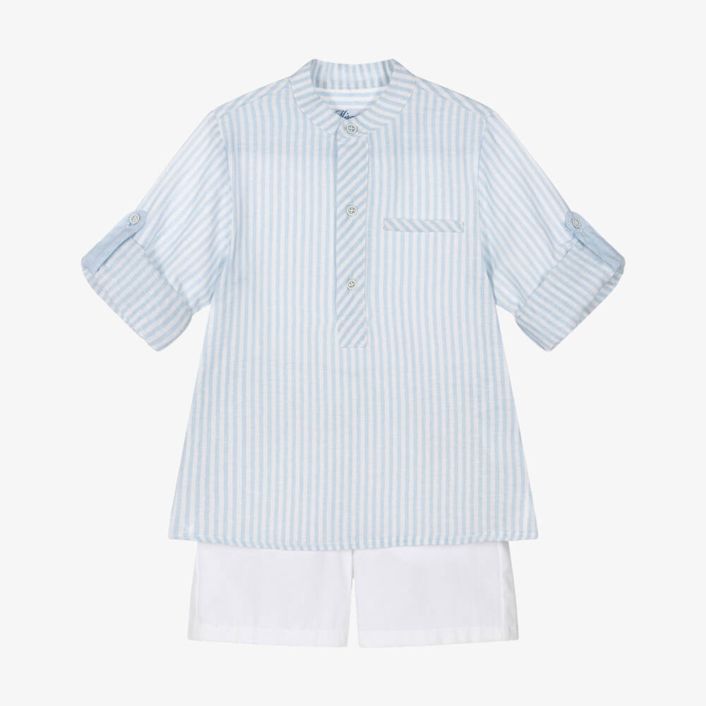Miranda-Boys Blue & White Striped Shirt & Cotton Twill Shorts Set | Childrensalon