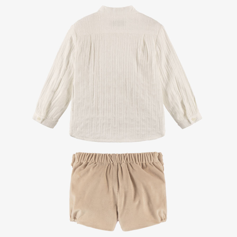 Miranda-Boys Ivory & Beige Velvet Shorts Set | Childrensalon