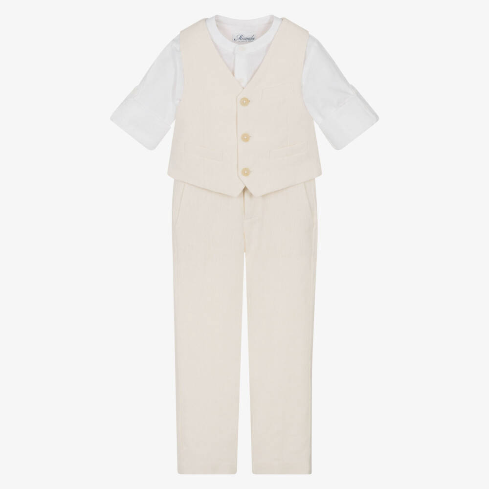Miranda-Boys Ivory Linen & Cotton Waistcoat Suit | Childrensalon