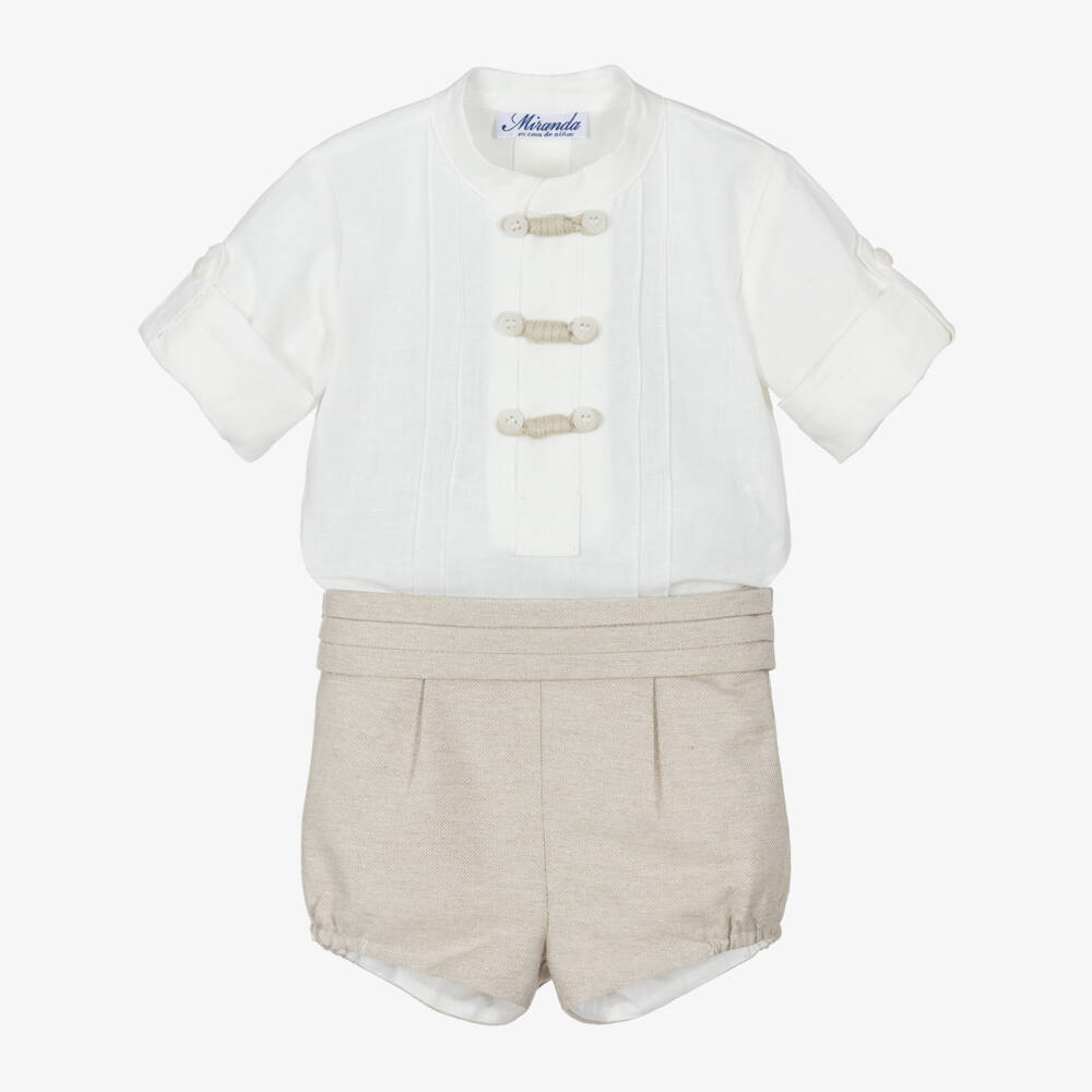 Miranda-Boys Ivory Shirt & Beige Shorts Set | Childrensalon