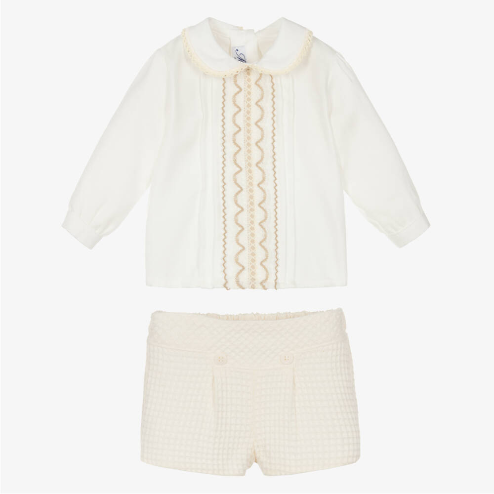 Miranda-Boys Ivory Waffle Cotton Shorts Set | Childrensalon