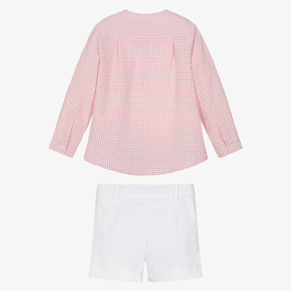 Miranda-Boys Pink Check Cotton Shirt And White Shorts Set | Childrensalon