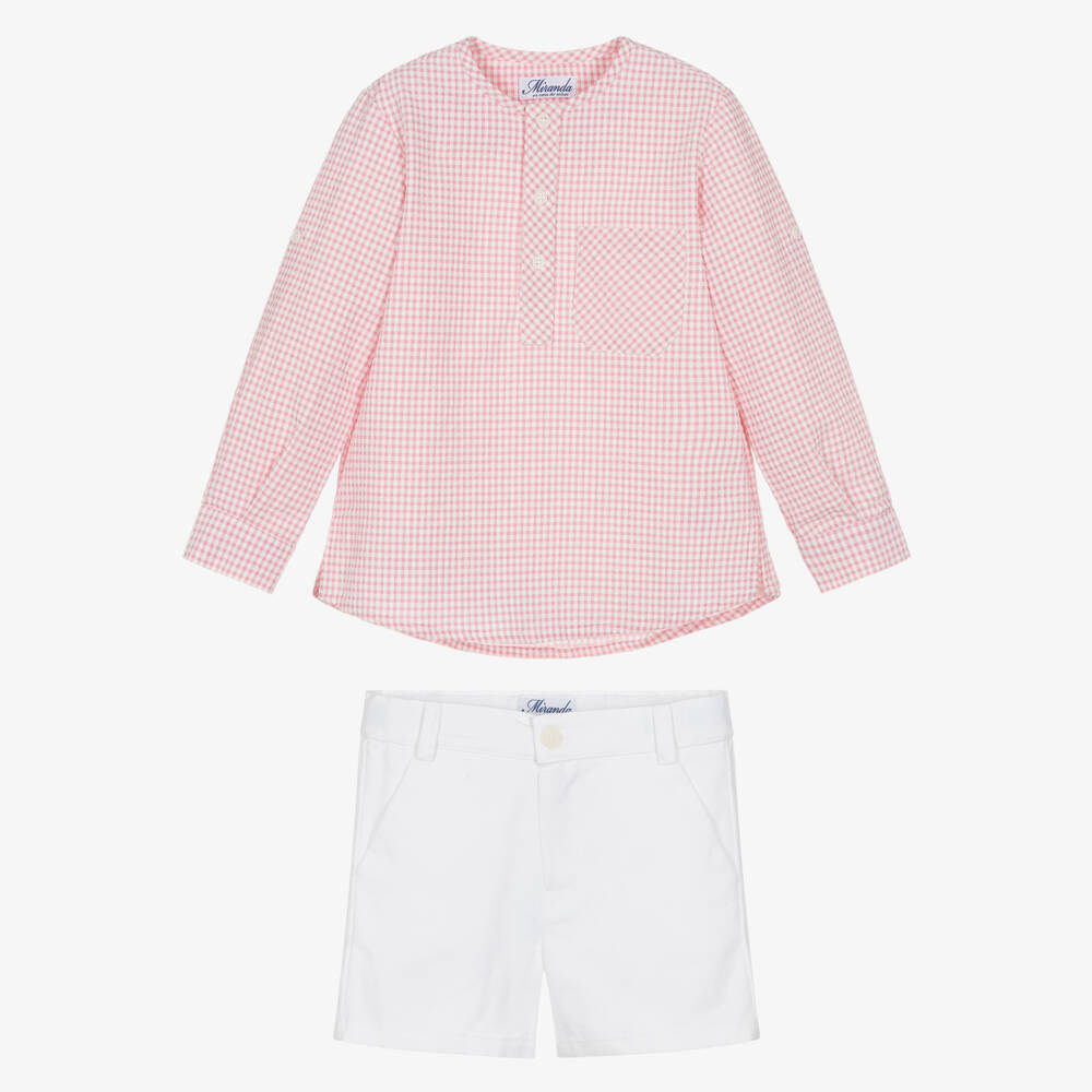 Miranda-Boys Pink Check Cotton Shirt & White Shorts Set | Childrensalon