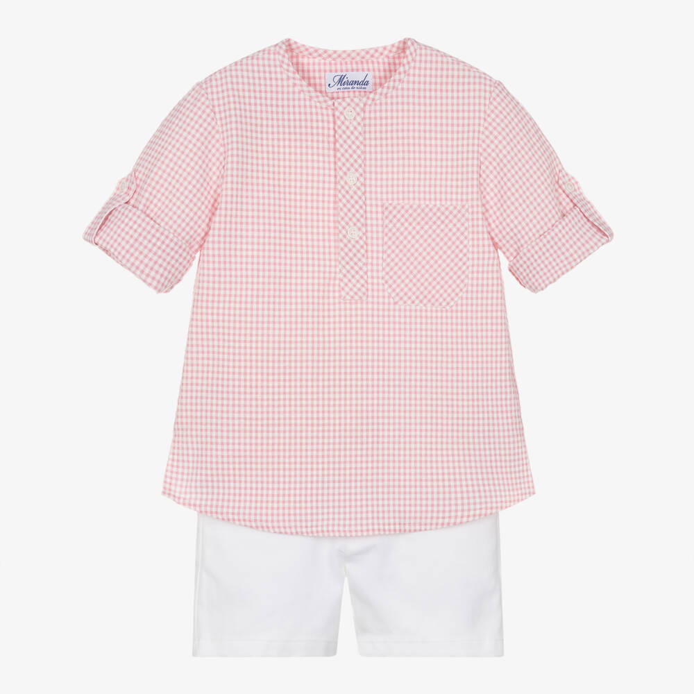 Miranda-Boys Pink Check Cotton Shirt & White Shorts Set | Childrensalon