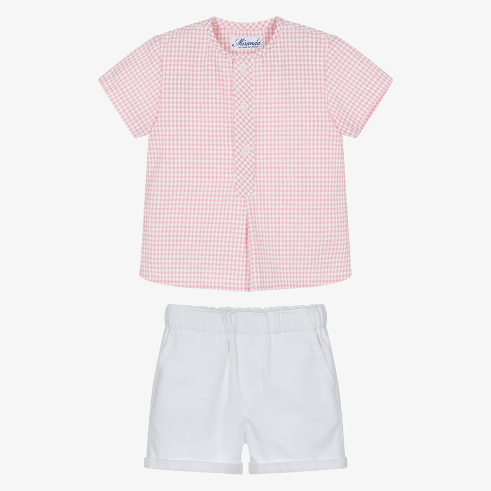 Miranda-Baby Boys Pink Gingham Shirt & White Shorts Set | Childrensalon