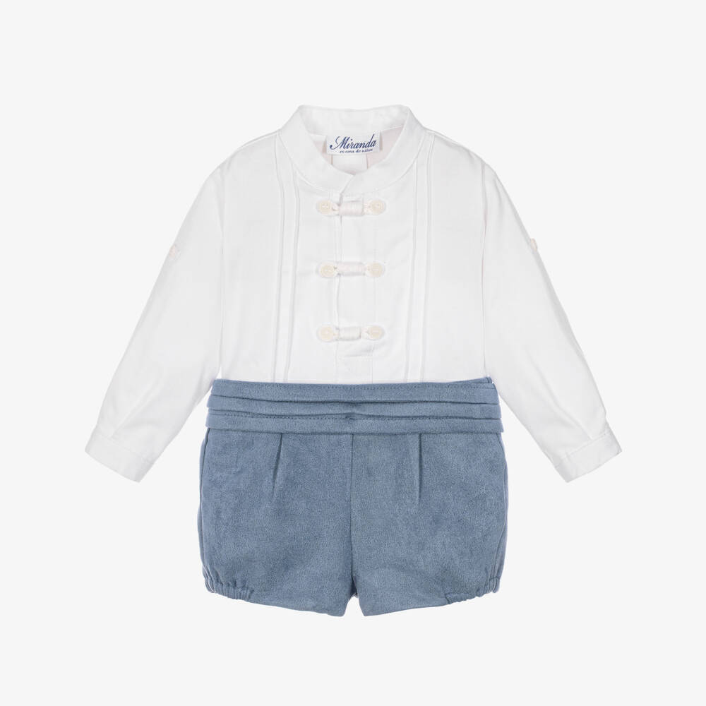 Miranda-Boys White & Blue Velvety Shorts Set | Childrensalon