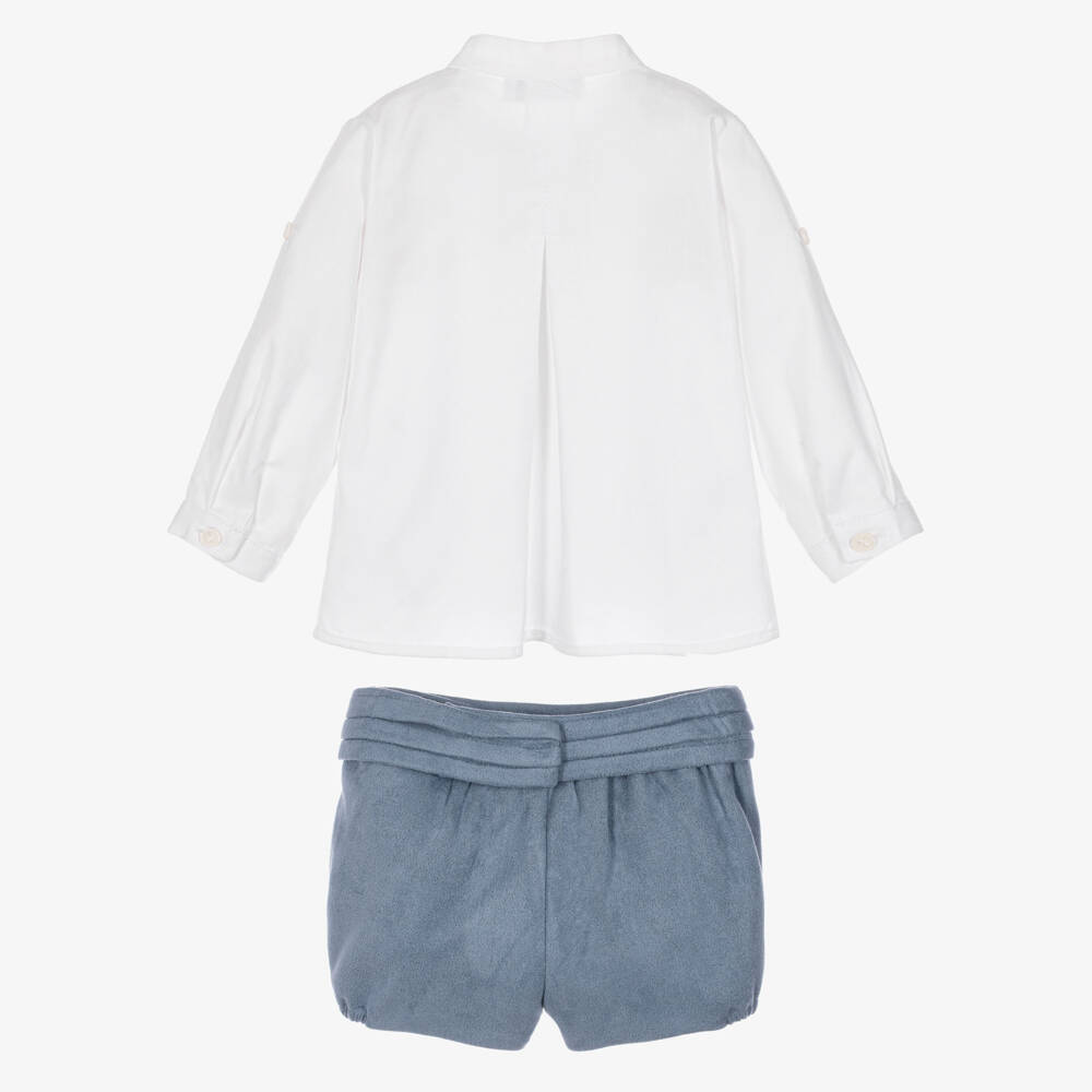 Miranda-Boys White & Blue Velvety Shorts Set | Childrensalon