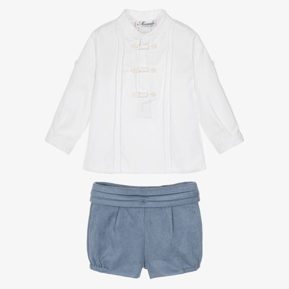 Miranda-Boys White & Blue Velvety Shorts Set | Childrensalon