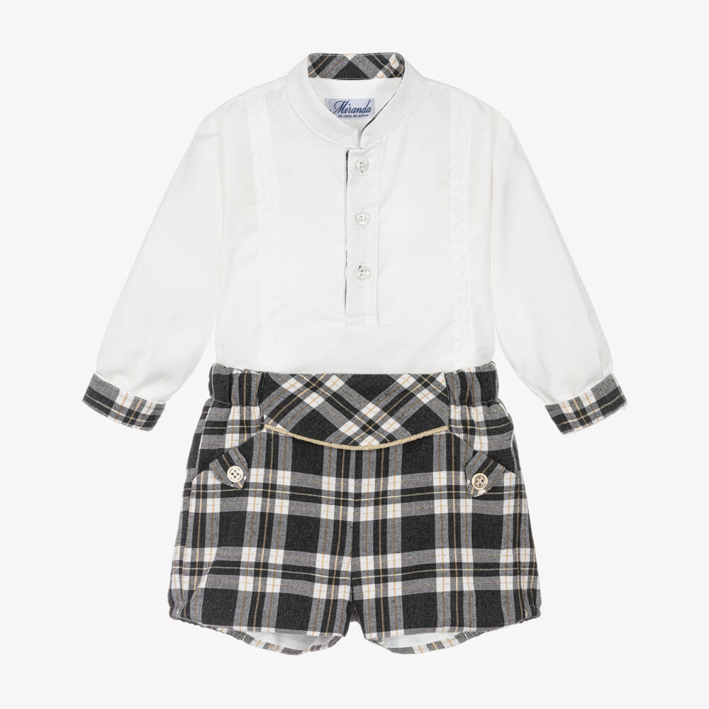 Miranda-Boys White & Grey Tartan Shorts Set | Childrensalon