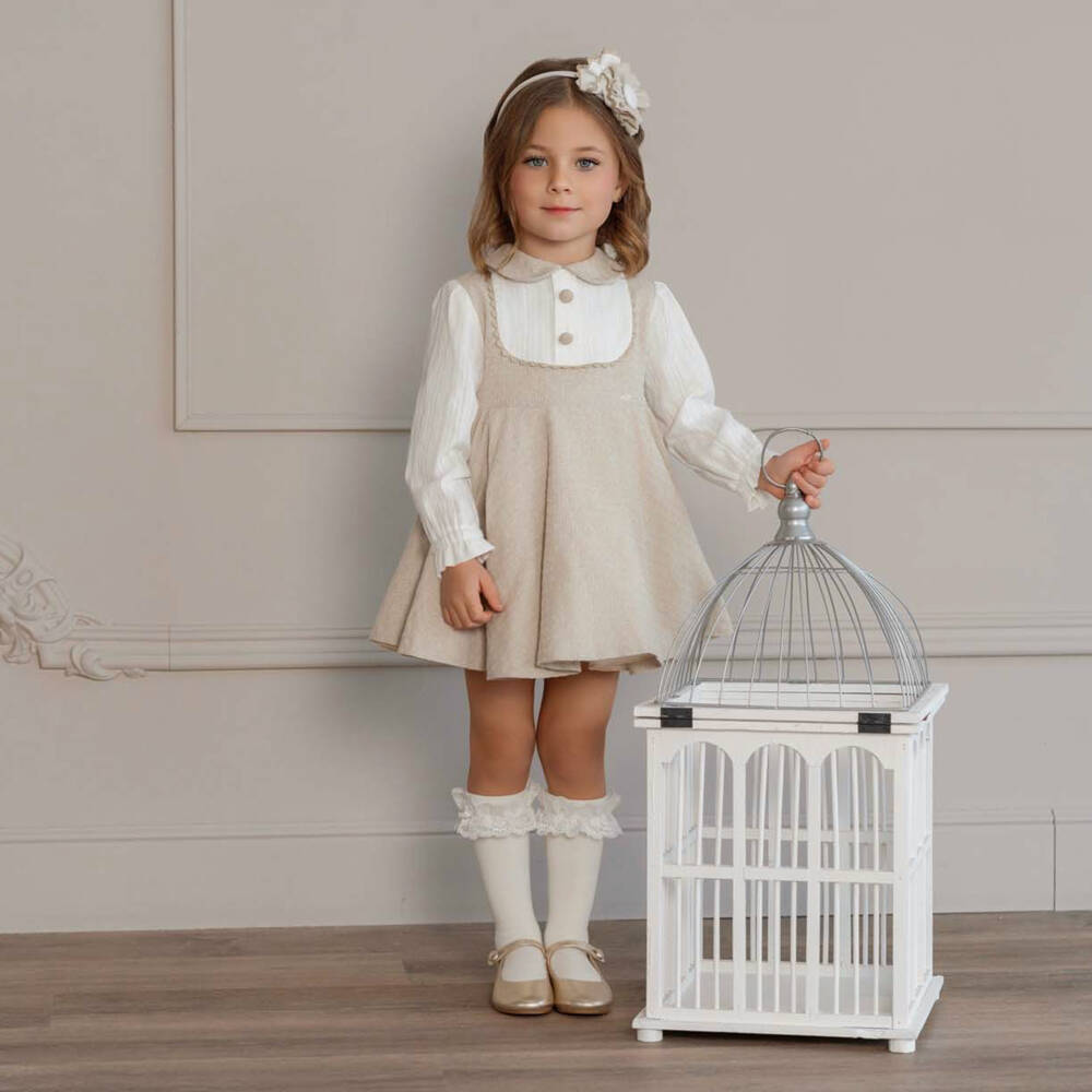 Miranda-Girls Beige & Ivory Cotton Collared Dress | Childrensalon