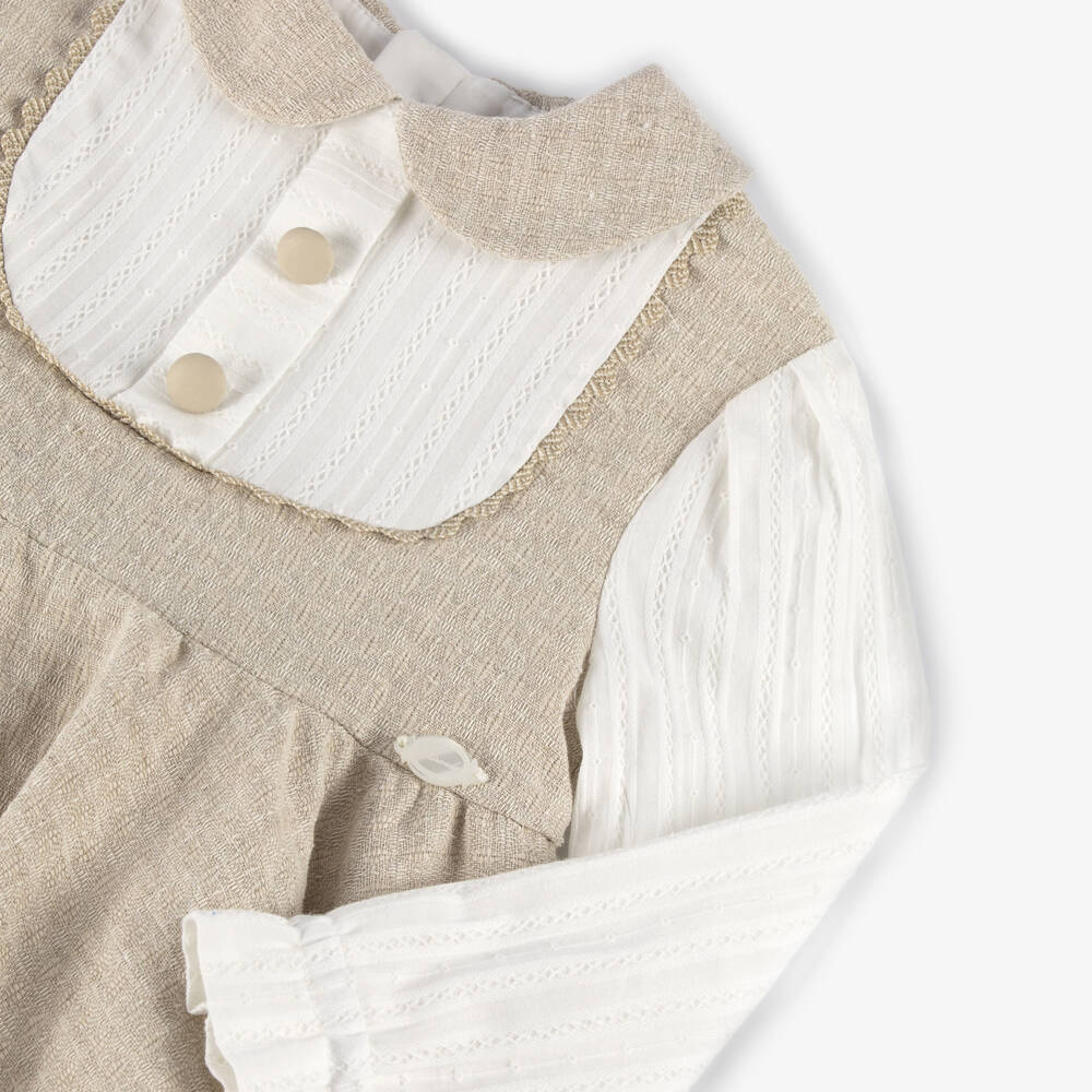 Miranda-Girls Beige & Ivory Cotton Collared Dress | Childrensalon