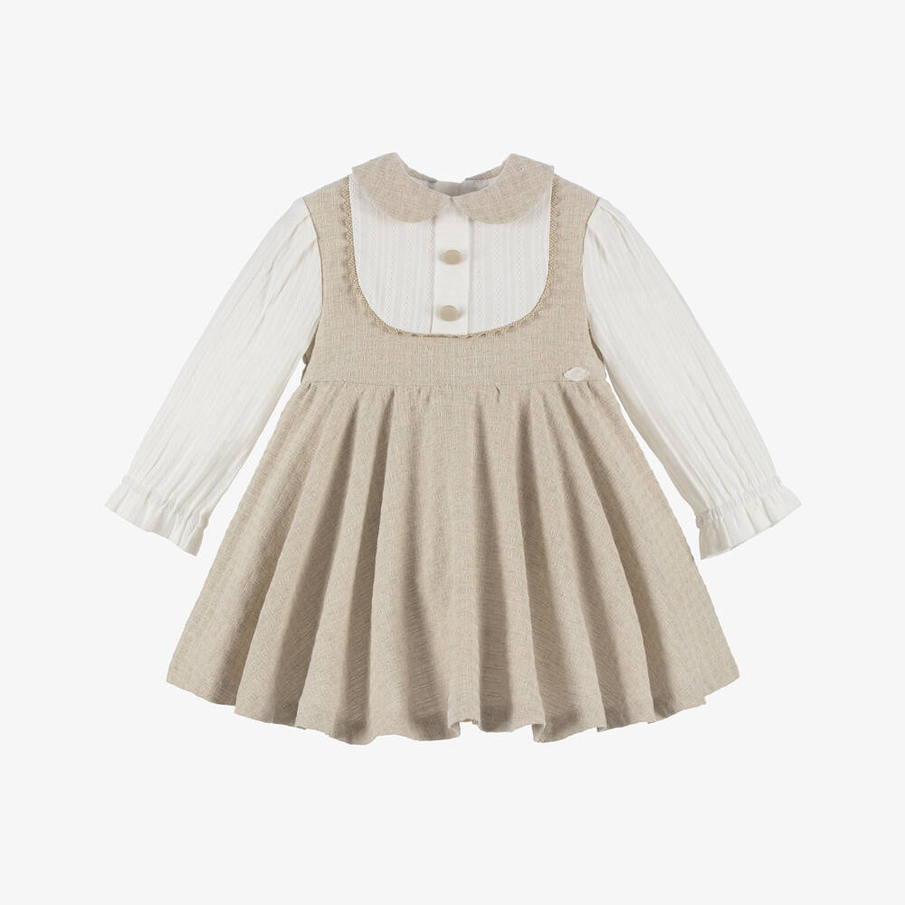 Miranda-Girls Beige & Ivory Cotton Collared Dress | Childrensalon
