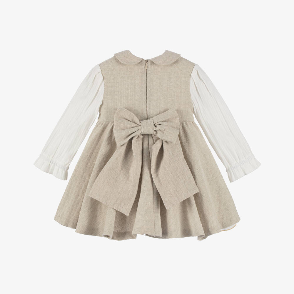 Miranda-Girls Beige & Ivory Cotton Collared Dress | Childrensalon