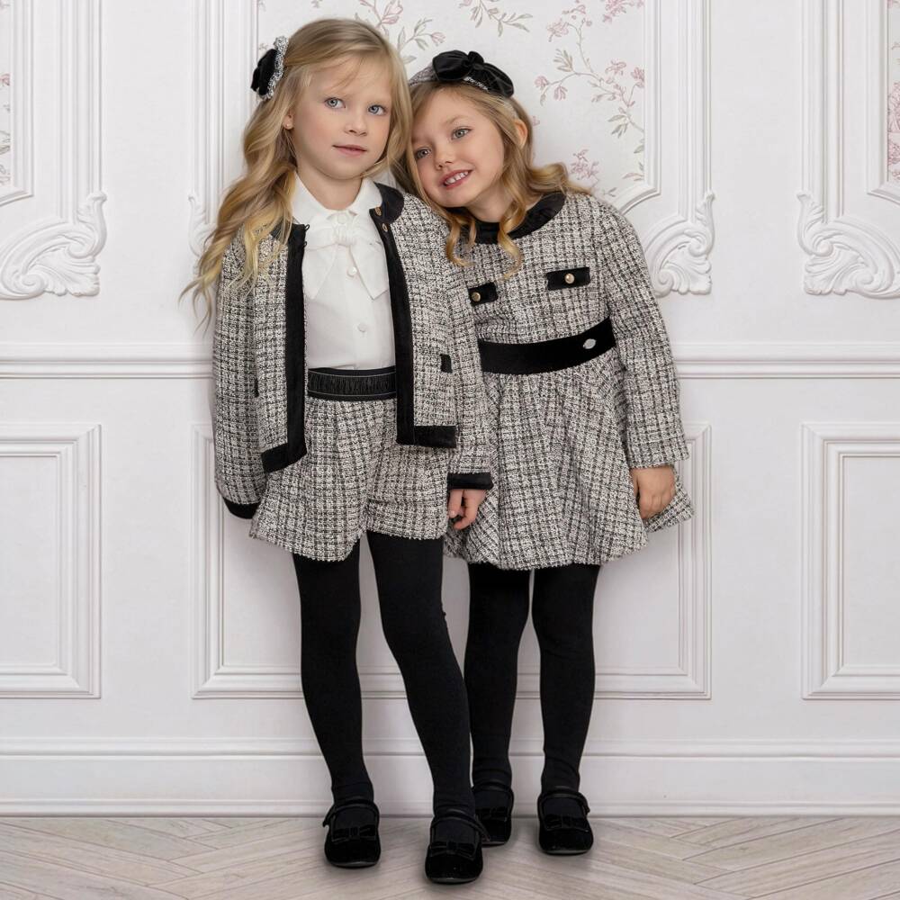 Miranda-Girls Black & White Tweed Shorts & Jacket Set | Childrensalon