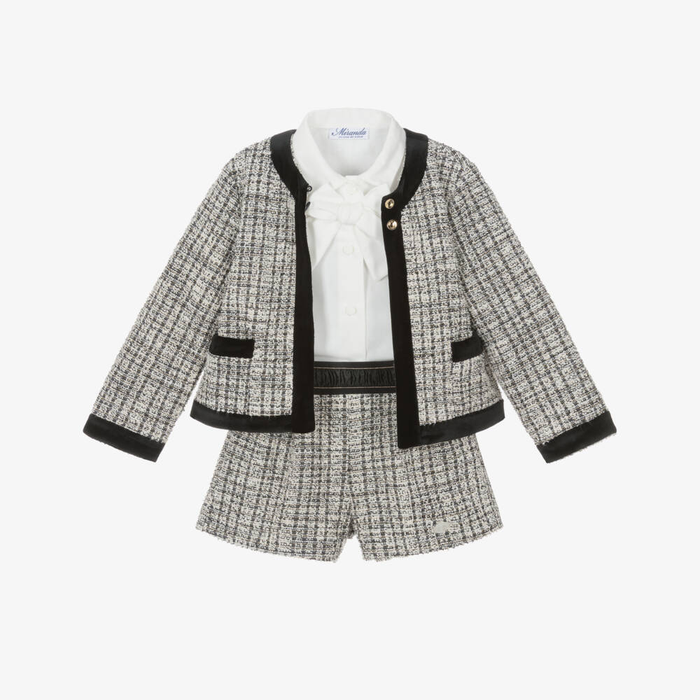 Miranda-Girls Black & White Tweed Shorts & Jacket Set | Childrensalon
