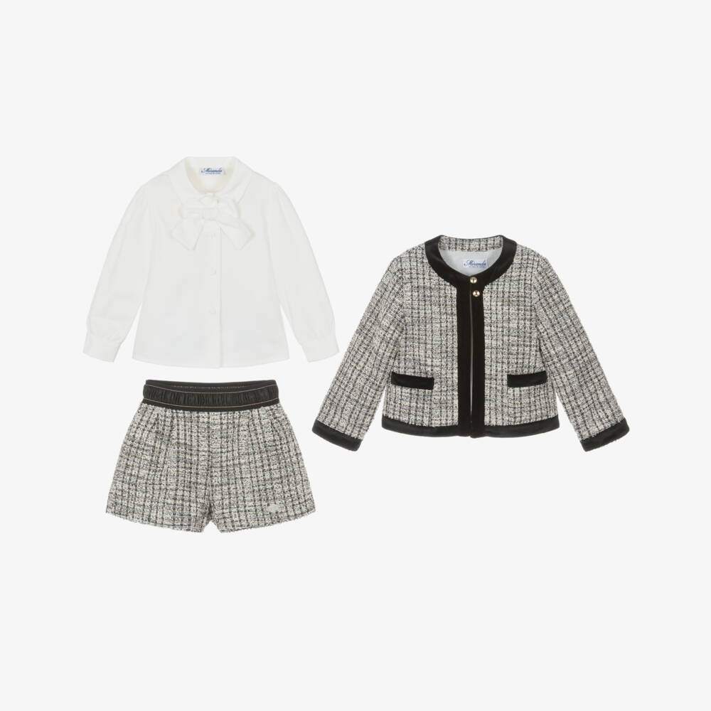 Miranda-Girls Black & White Tweed Shorts & Jacket Set | Childrensalon