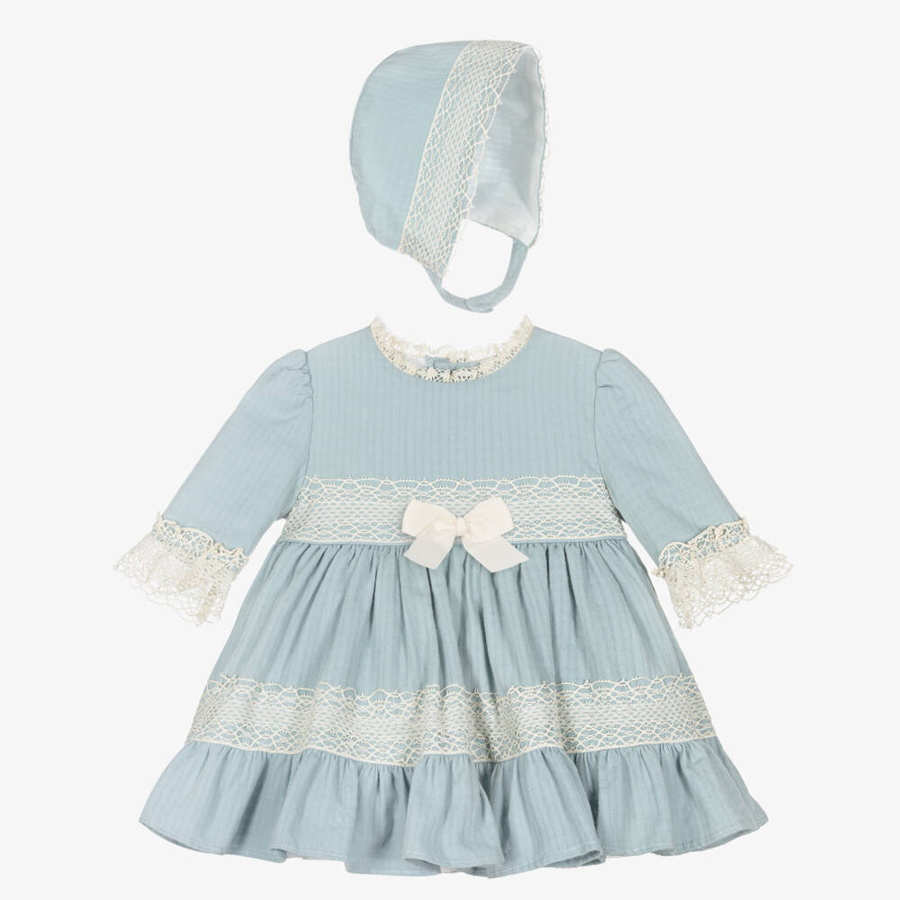 Miranda-Girls Blue Cotton Dress Set with Decorative Lace | Childrensalon