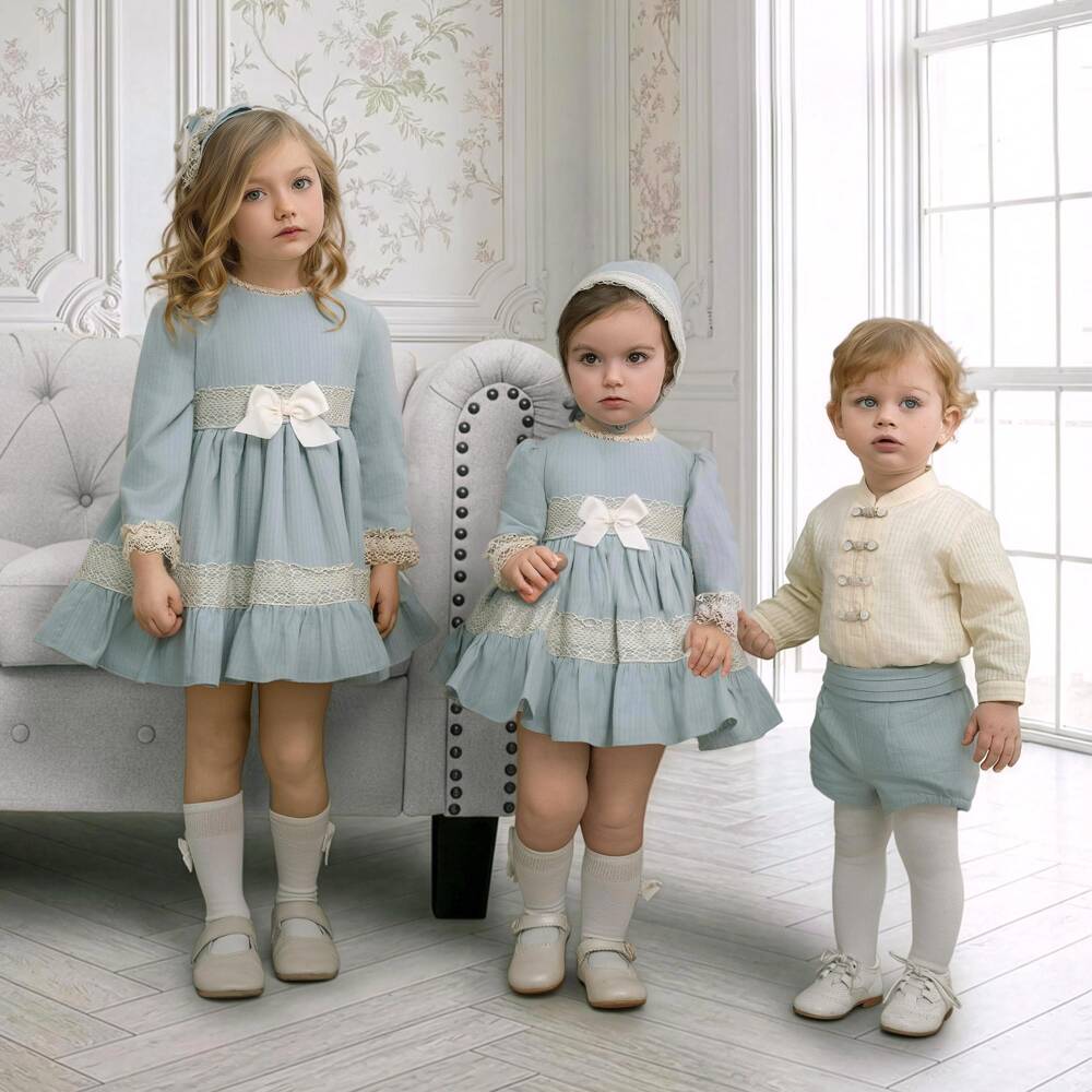 Miranda-Girls Blue Cotton Dress Set with Decorative Lace | Childrensalon