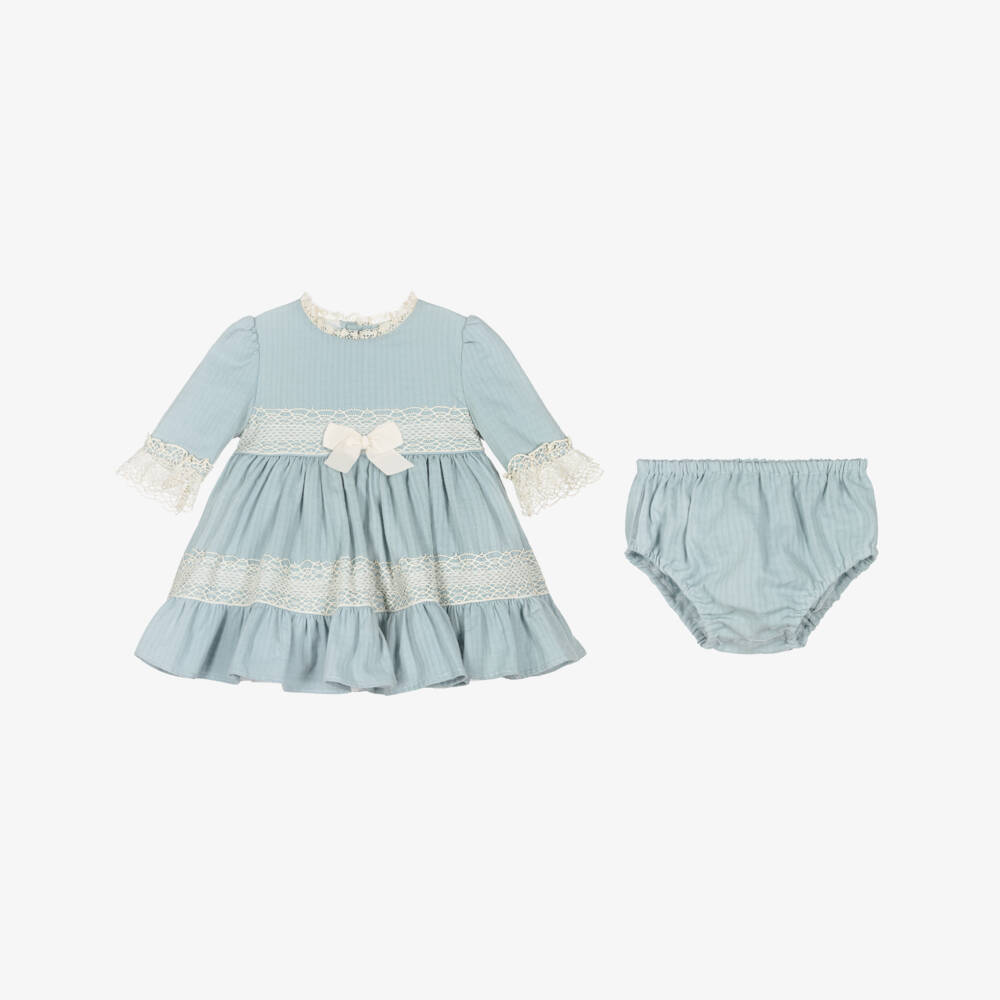 Miranda-Girls Blue Cotton Dress Set with Decorative Lace | Childrensalon