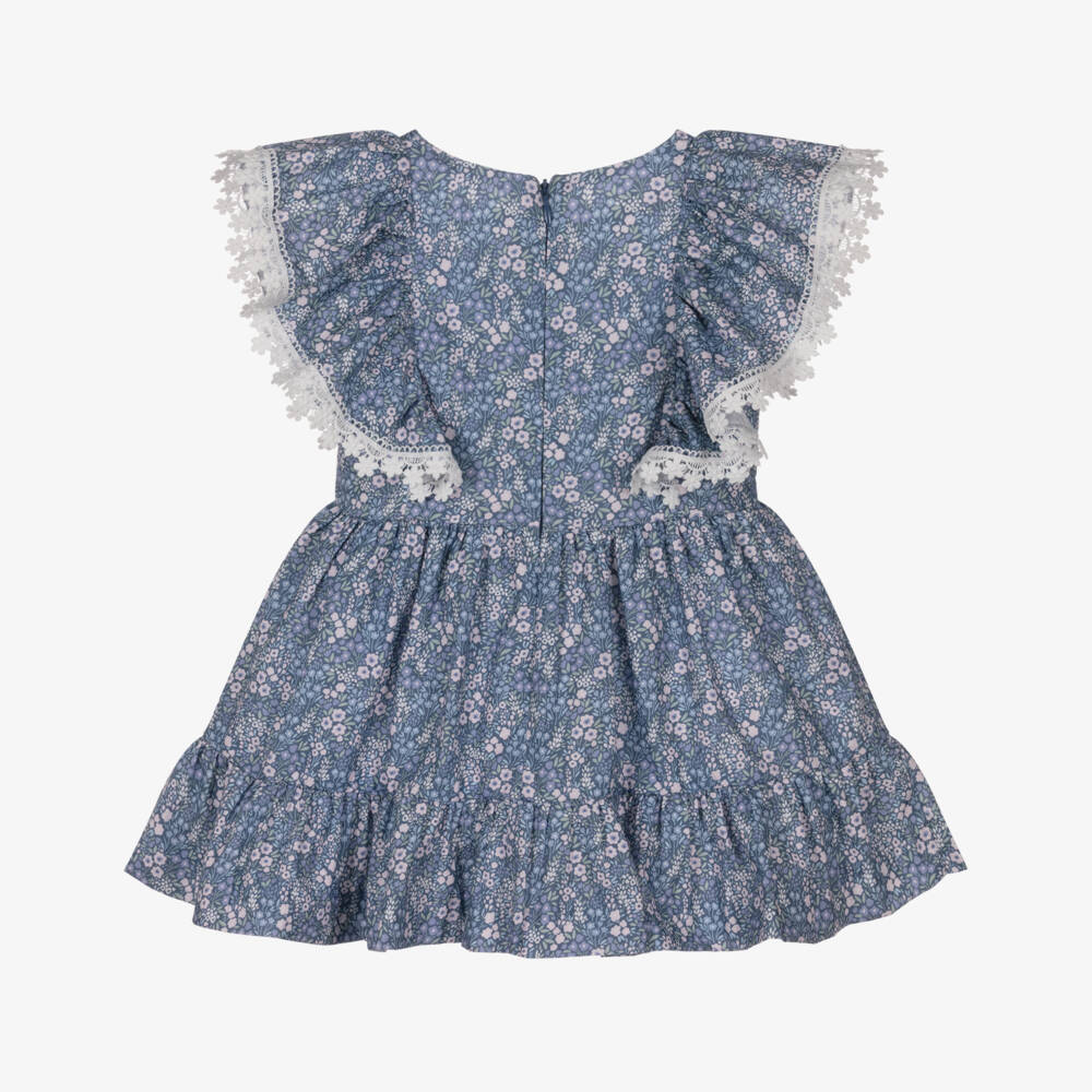 Miranda-Girls Blue Cotton Dress with Lace Trim  | Childrensalon