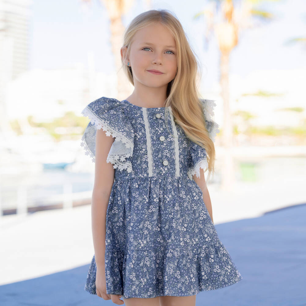 Miranda-Платье синее из хлопка с кружевной отделкой для девочек | Childrensalon