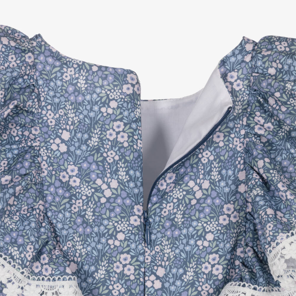 Miranda-Girls Blue Cotton Dress with Lace Trim  | Childrensalon