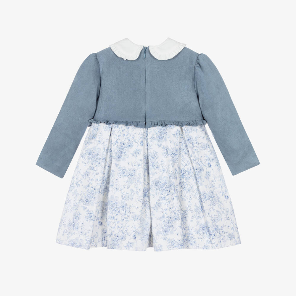 Miranda-Girls Blue Dress with Traditional Floral Print | Childrensalon