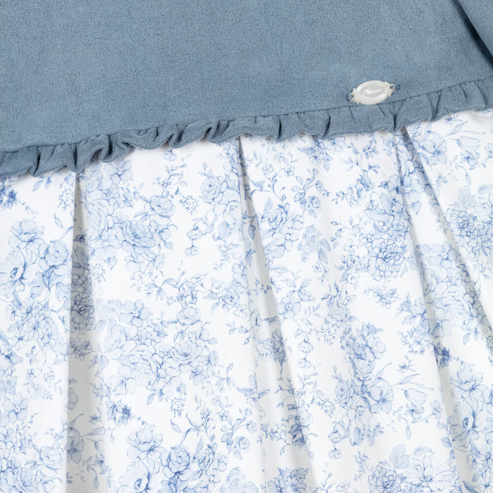 Miranda-Girls Blue Dress with Traditional Floral Print | Childrensalon