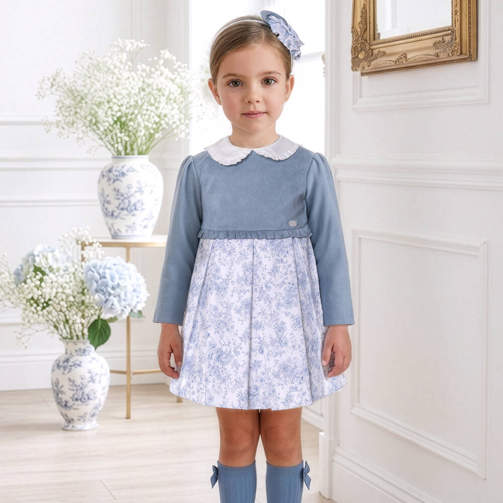 Miranda-Girls Blue Dress with Traditional Floral Print | Childrensalon