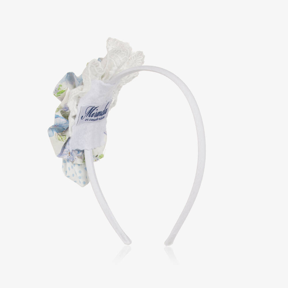 Miranda-Ободок голубой с цветочной в горошек розочкой и кружевной отделкой для девочек | Childrensalon