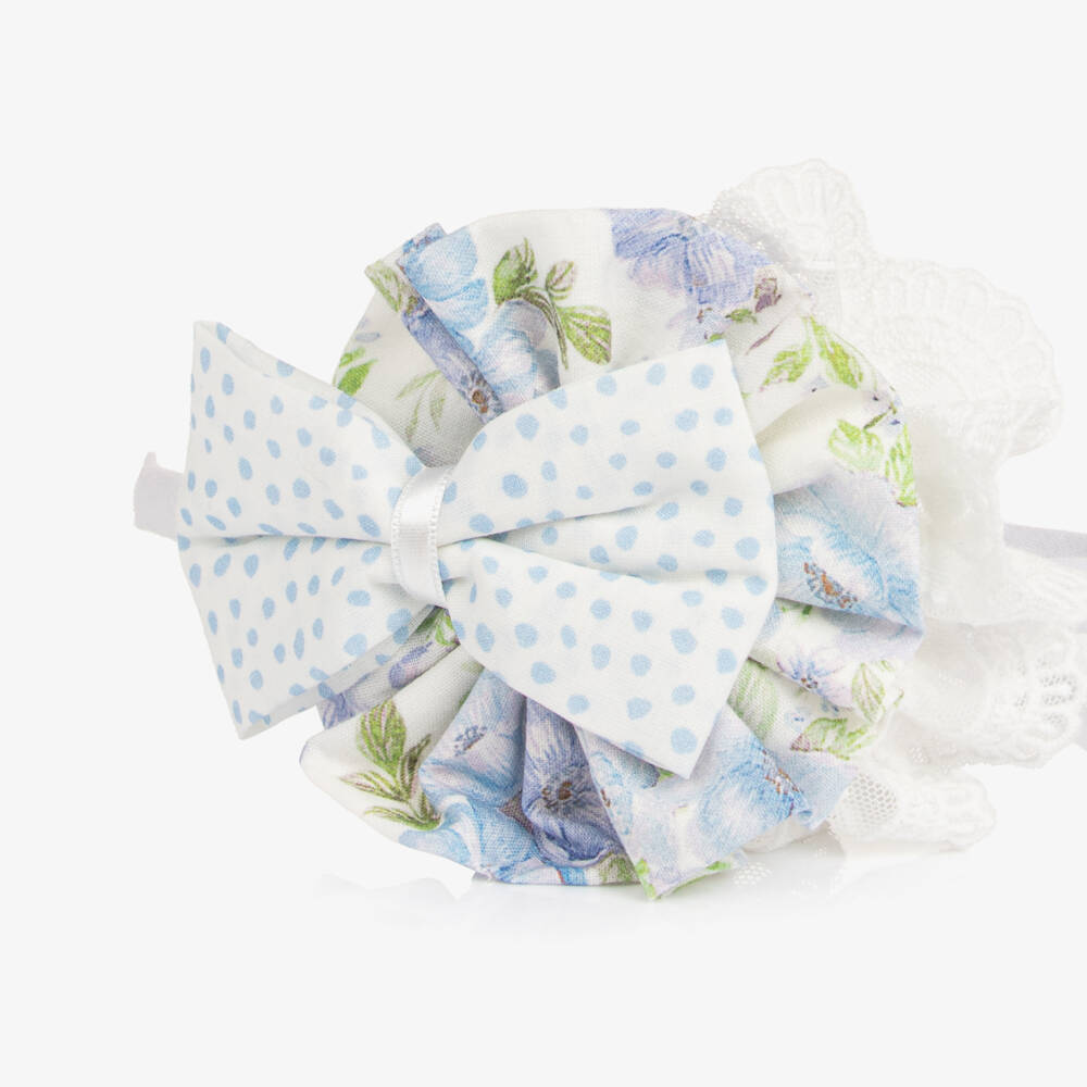 Miranda-Ободок голубой с цветочной в горошек розочкой и кружевной отделкой для девочек | Childrensalon