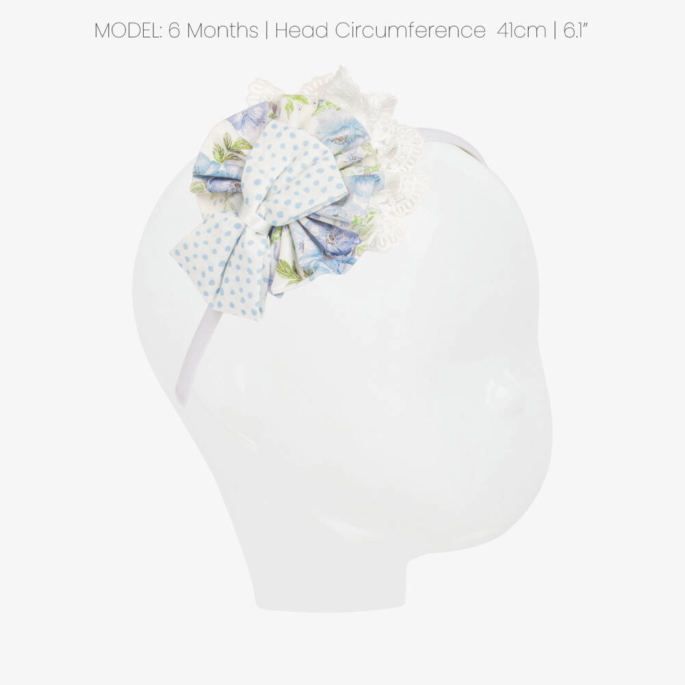 Miranda-Ободок голубой с цветочной в горошек розочкой и кружевной отделкой для девочек | Childrensalon