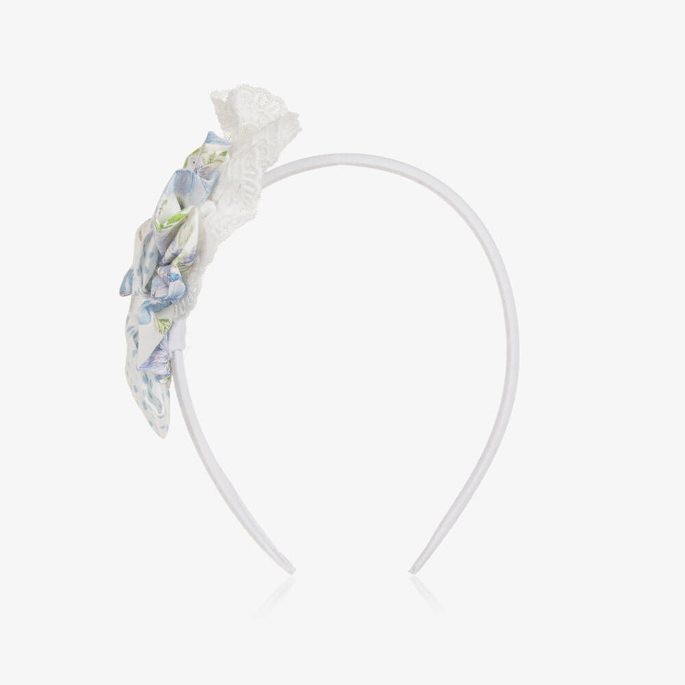 Miranda-Ободок голубой с цветочной в горошек розочкой и кружевной отделкой для девочек | Childrensalon