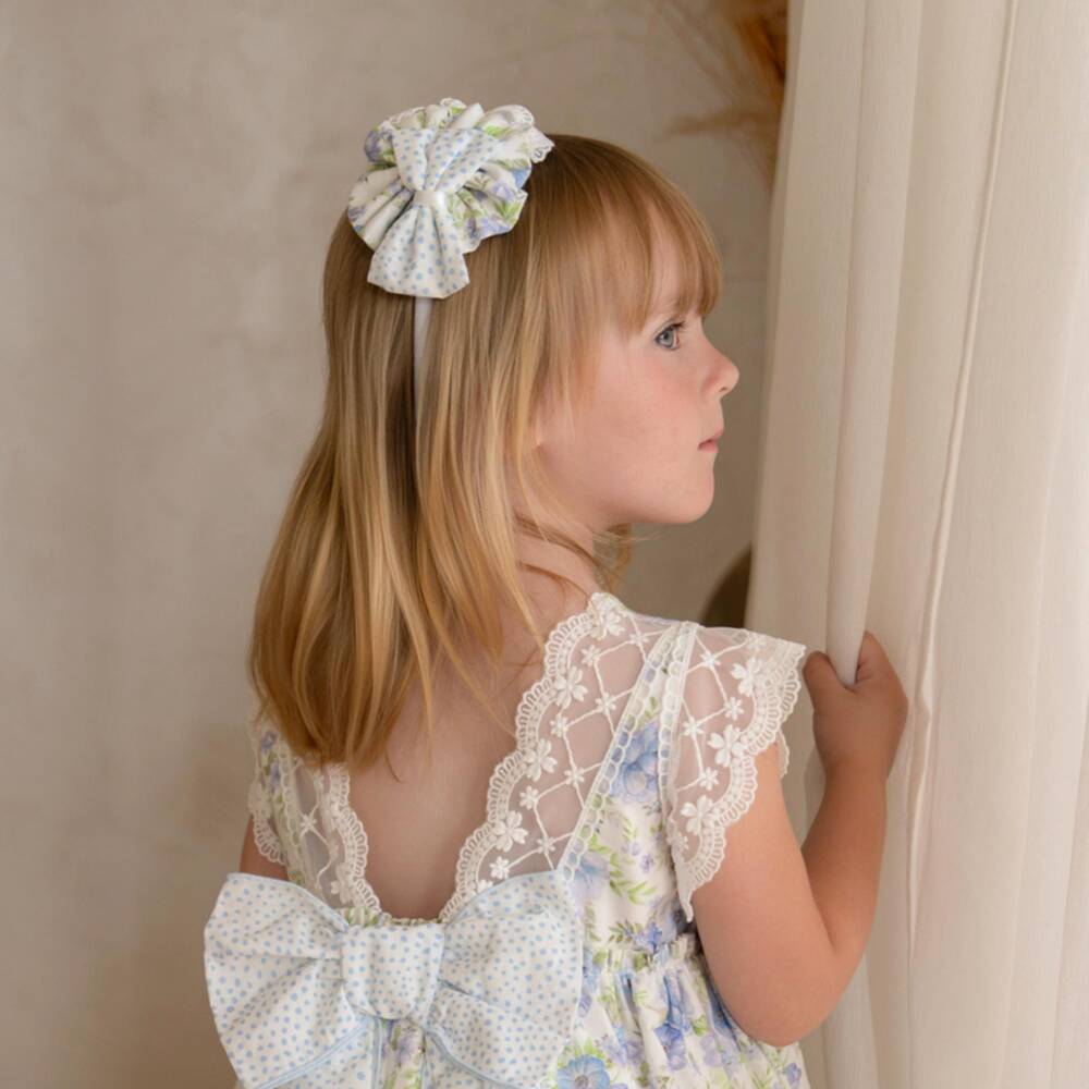 Miranda-Ободок голубой с цветочной в горошек розочкой и кружевной отделкой для девочек | Childrensalon