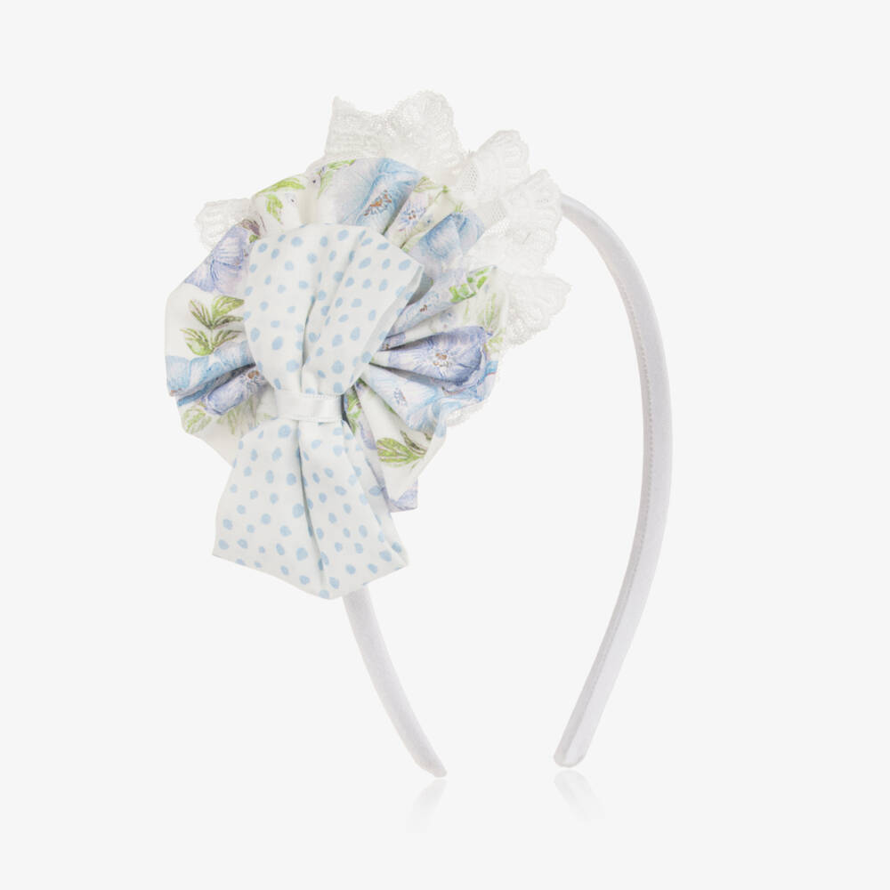 Miranda-Girls Blue Floral & Dotted Rosette Hairband with Lace Trim | Childrensalon