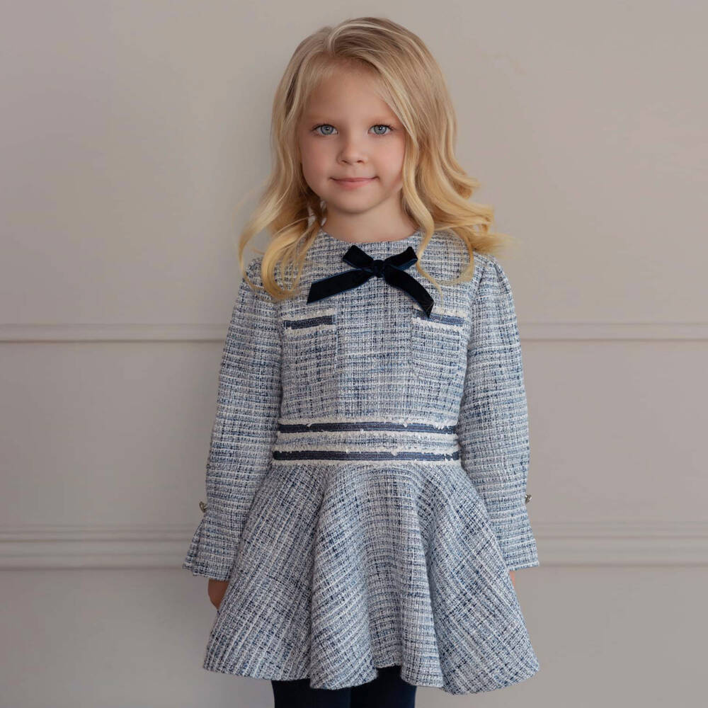 Miranda-Girls Blue & Glittery Silver Tweed Dress with Velvet Bow  | Childrensalon