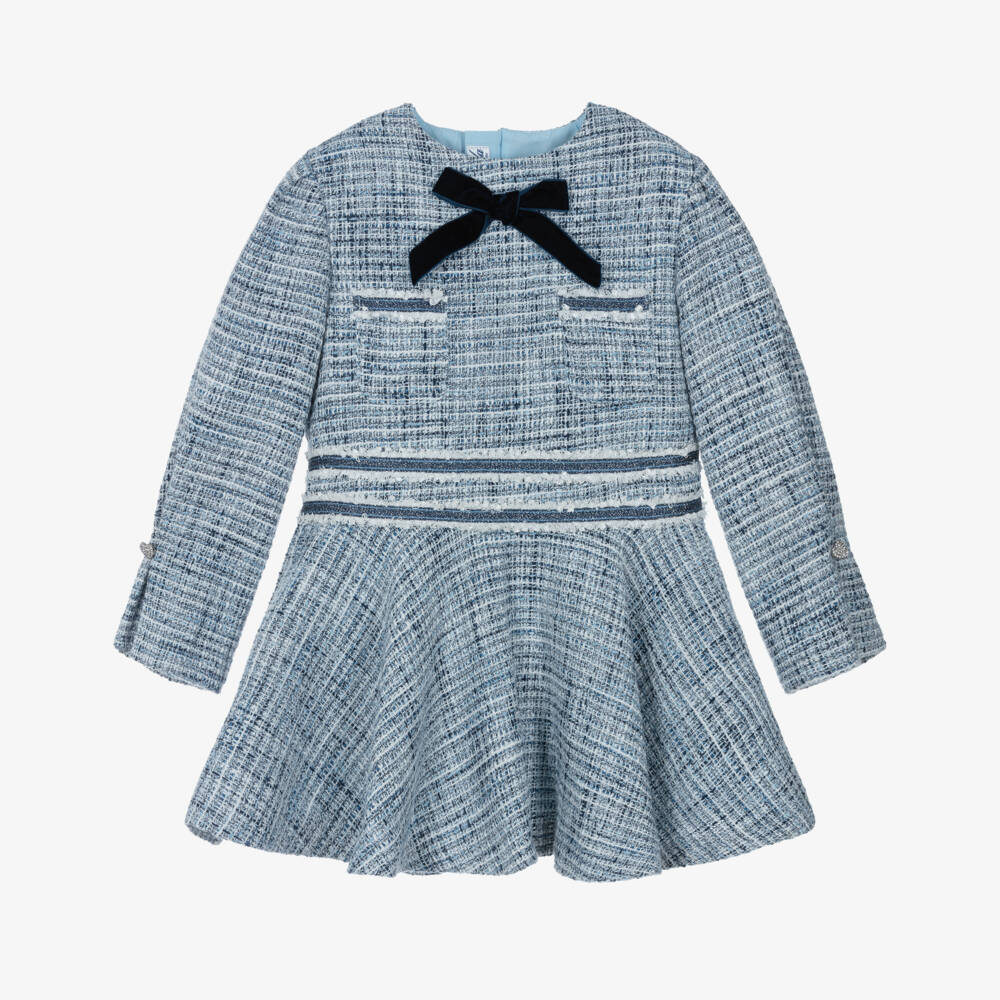Miranda-Girls Blue & Glittery Silver Tweed Dress with Velvet Bow  | Childrensalon