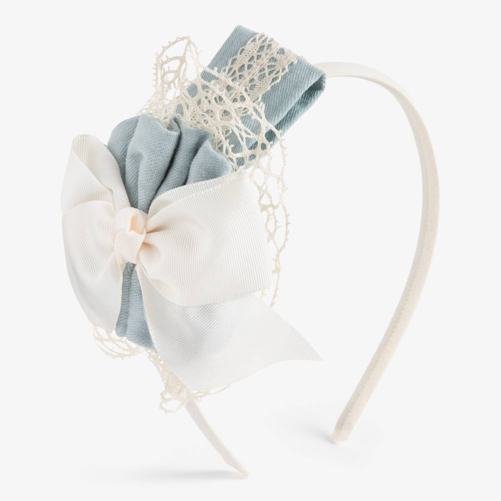 Miranda-Girls Blue & Ivory Bow Hairband with Lace Trim | Childrensalon