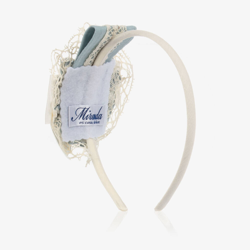 Miranda-Girls Blue & Ivory Bow Hairband with Lace Trim | Childrensalon