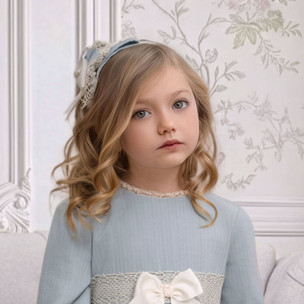 Miranda-Girls Blue & Ivory Bow Hairband with Lace Trim | Childrensalon
